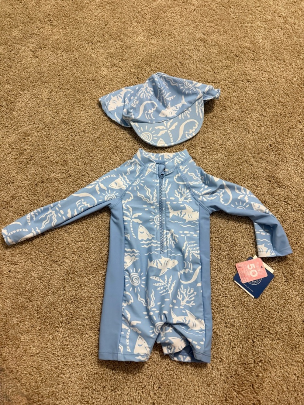 Caribbean Joe Light Blue Long-Sleeve Kids Rashguard Swimsuit with Hat